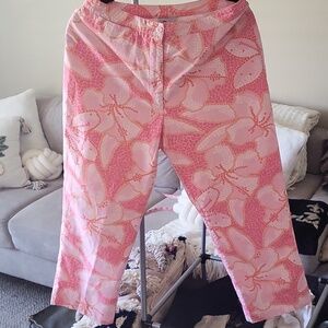 Lilly Pulitzer 100% Cotton Pink Floral Capri Pants Sz 12 Preppy Summer 3/4